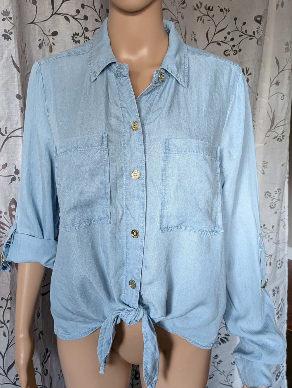 Michael Kors Light Blue Chambray Tie-Front Button-Down Shirt